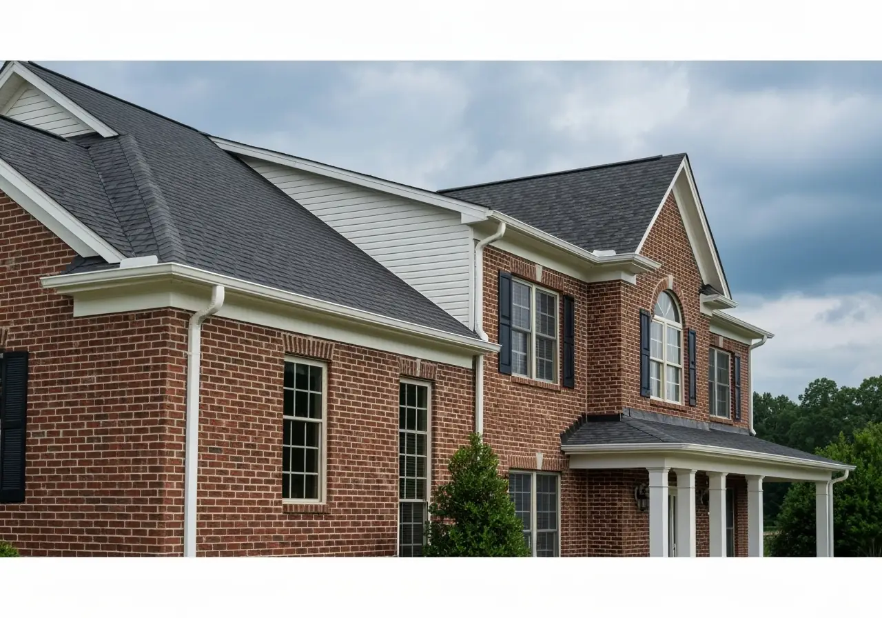 Seamless K-style gutters installed on a modern Virginia brick home with rectangular downspouts.