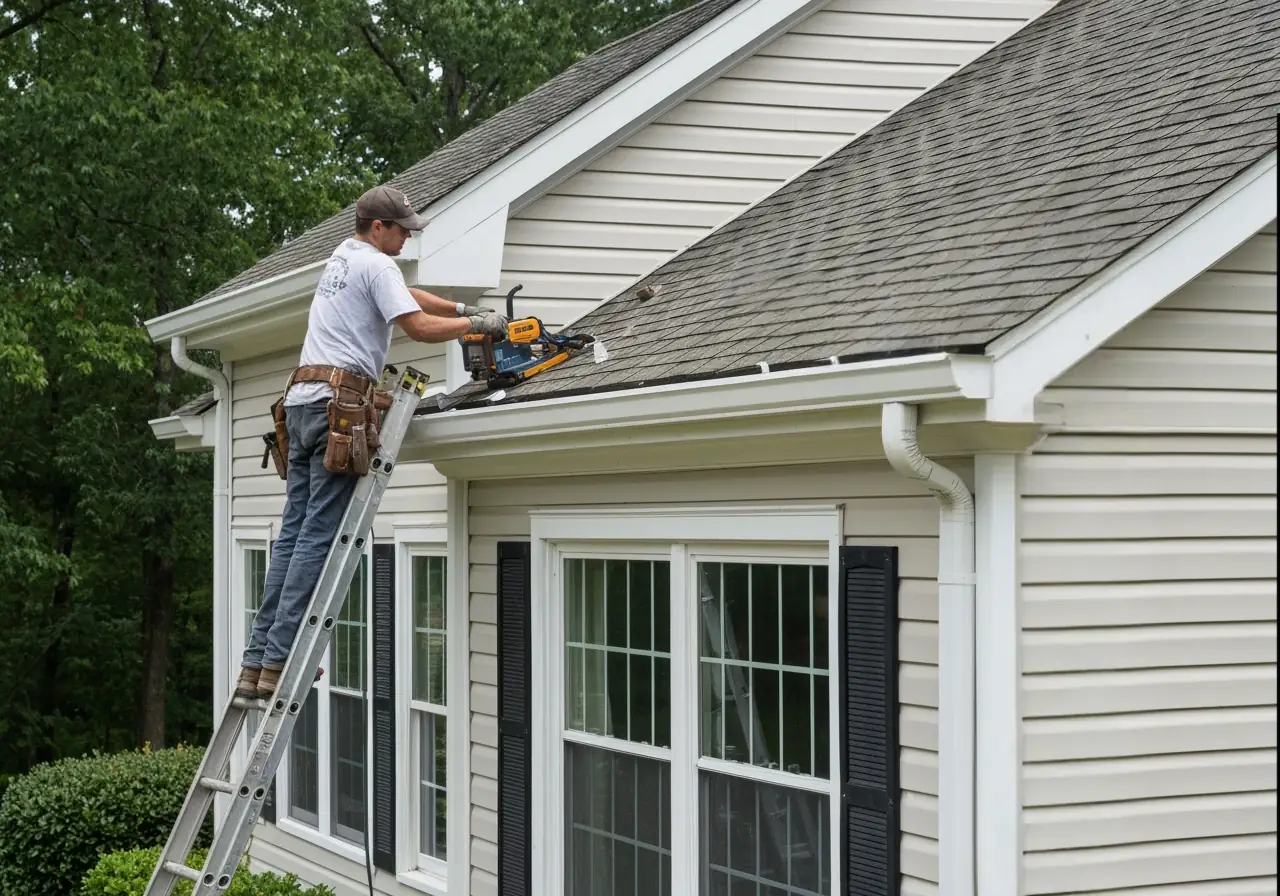 Contractor installing seamless white K-style gutters on a Virginia suburban home.