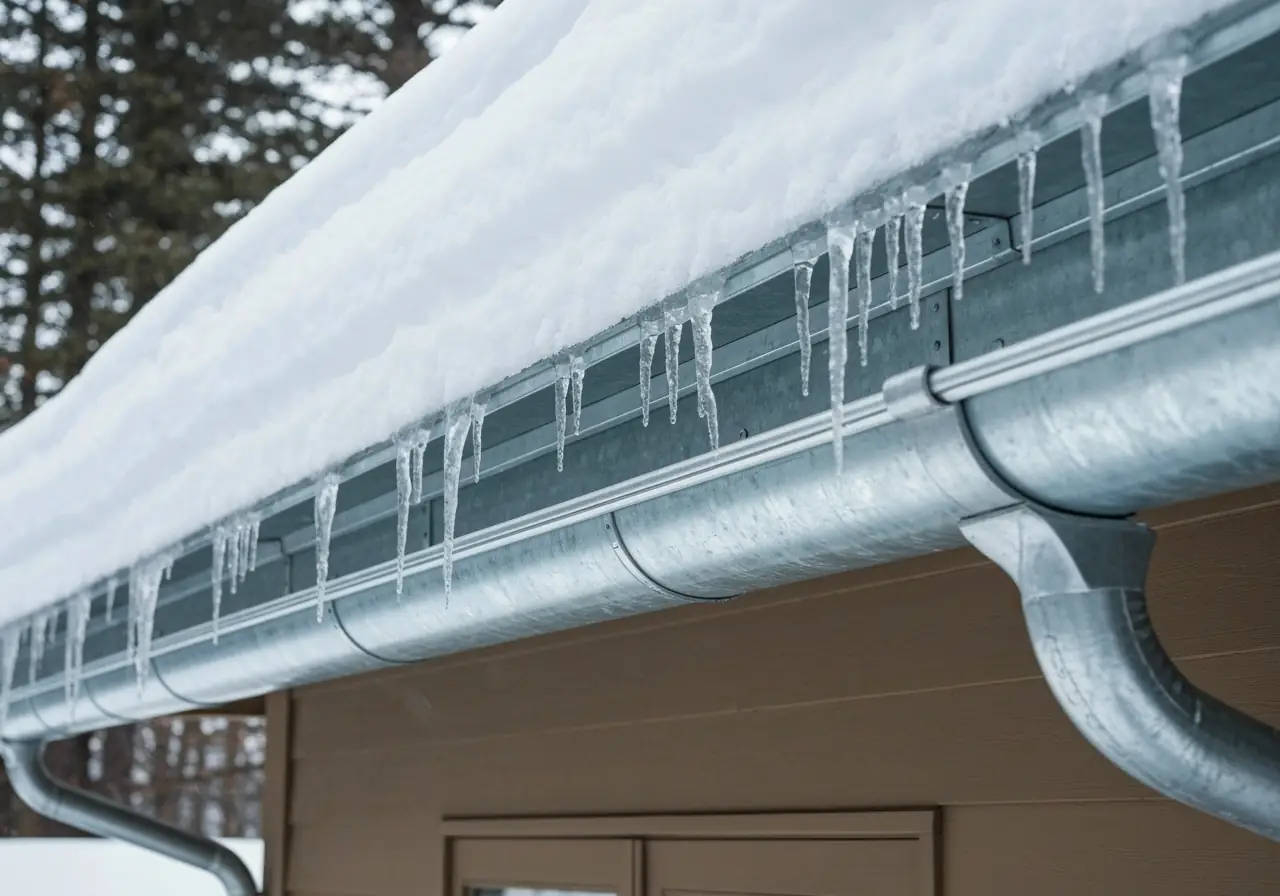 Steel K-style gutters supporting snow and icicles on a Virginia mountain home.