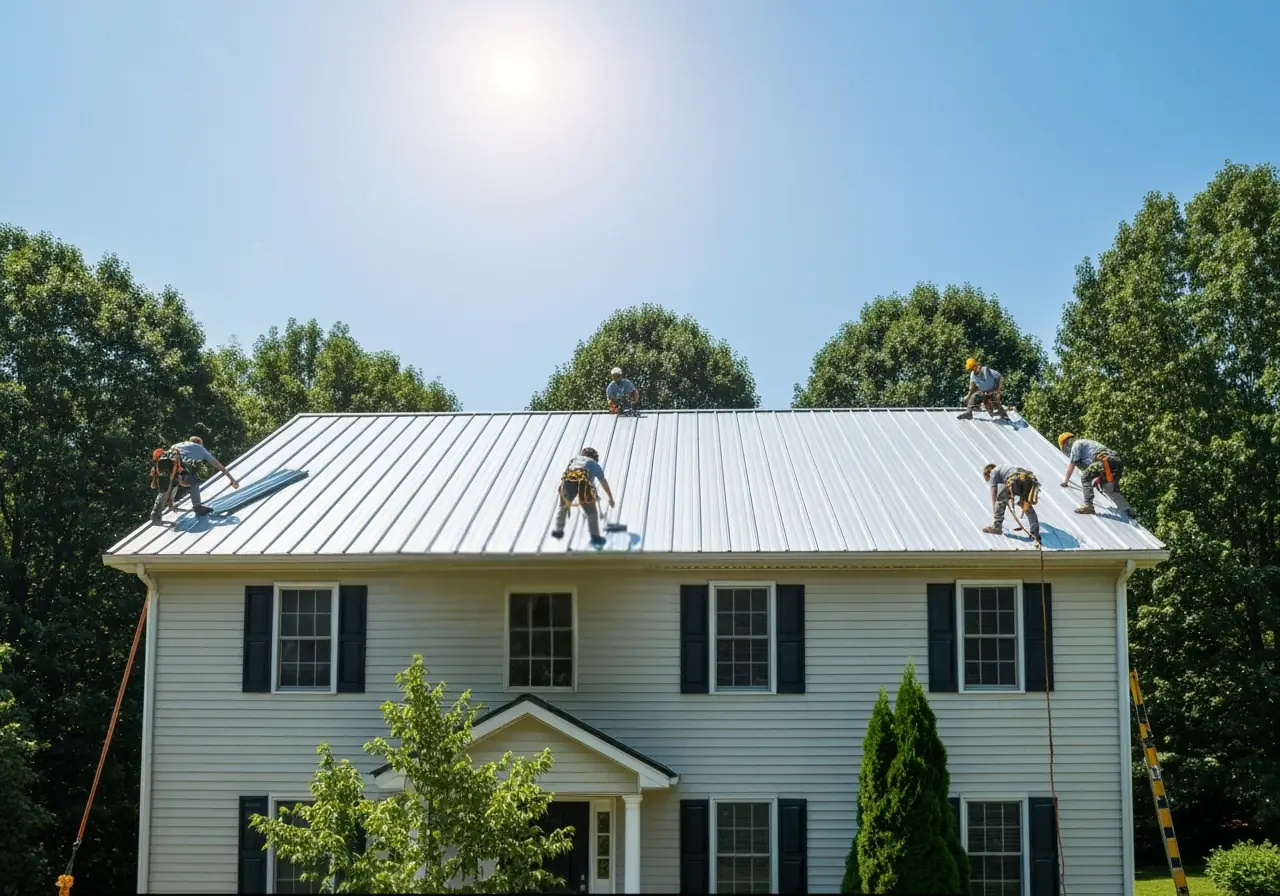 Roofing crew installing steel roof panels on a home in Martinsburg, West Virginia.