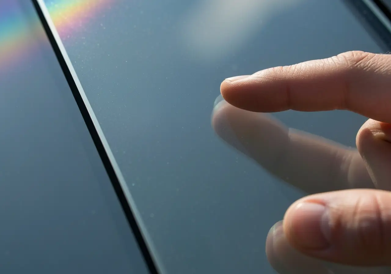 Close-up of Low-E glass with thin metallic coating reflecting light.