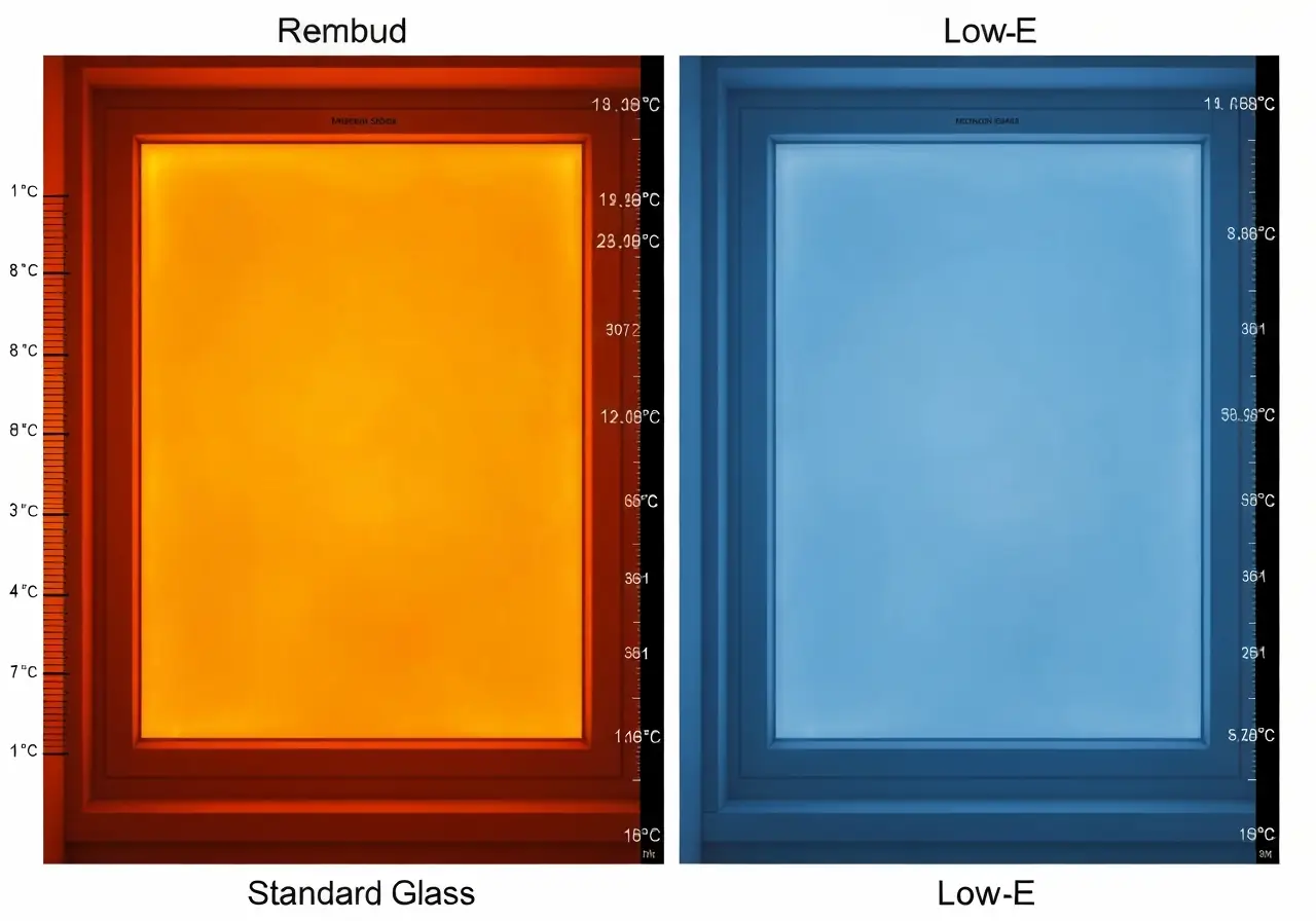 Thermal camera image comparing heat loss in standard glass vs Low-E glass.