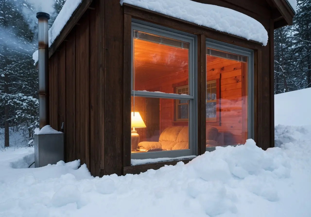 Snow-covered West Virginia mountain home with Low-E glass windows retaining heat.