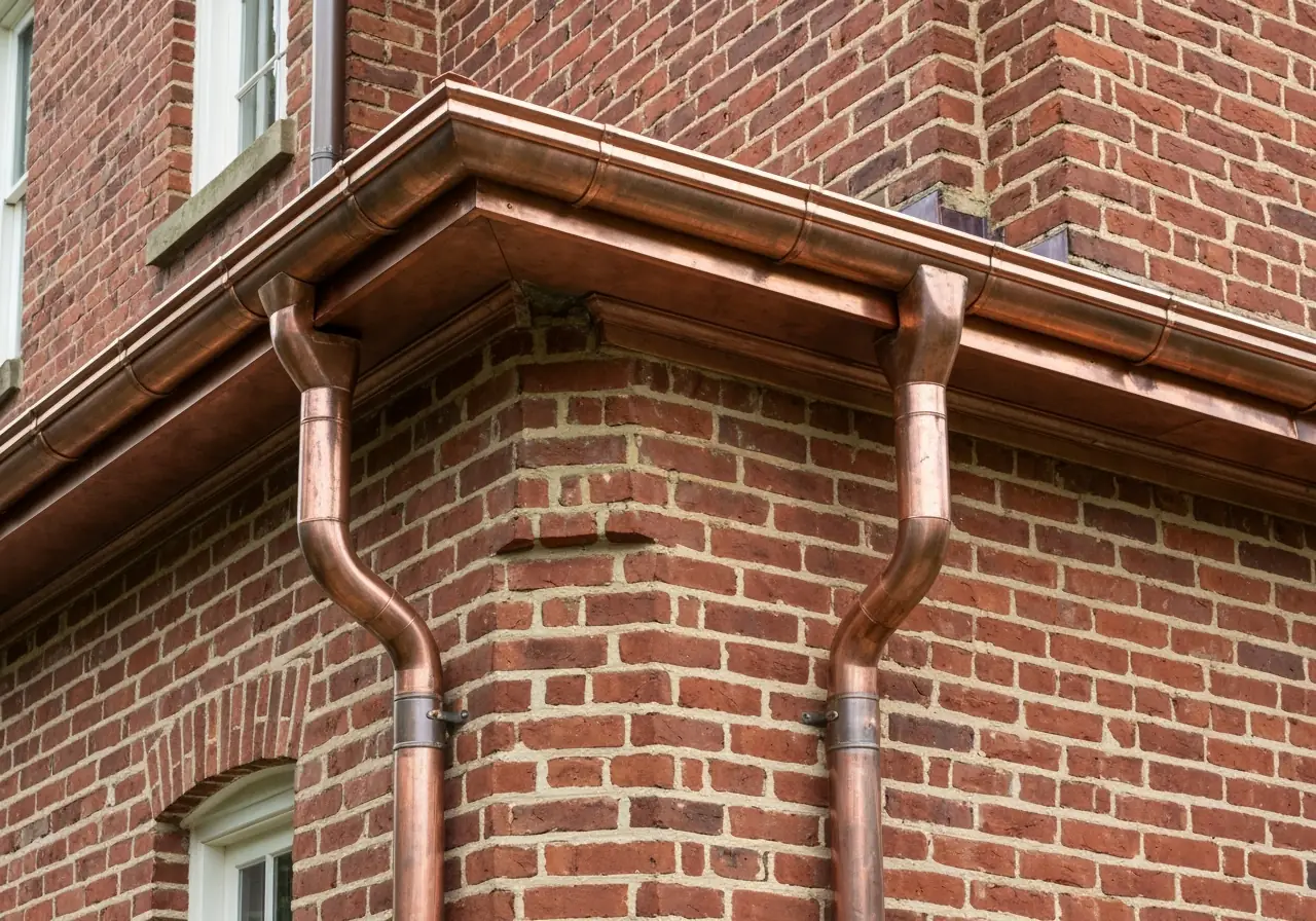 Close-up of copper gutters and downspouts on a historic Virginia brick house.