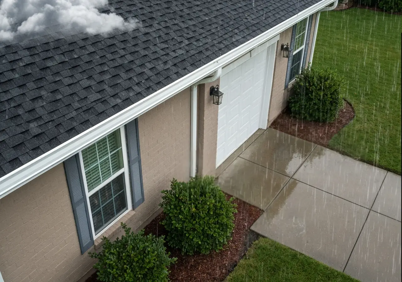 Seamless aluminum gutters channeling rainwater away from a ranch-style home in Virginia.
