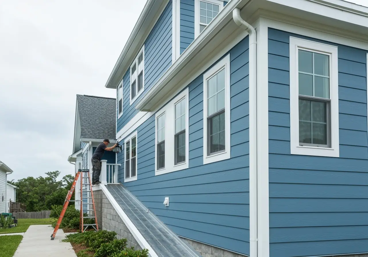 Technician inspecting oversized steel gutters on a coastal Virginia home.