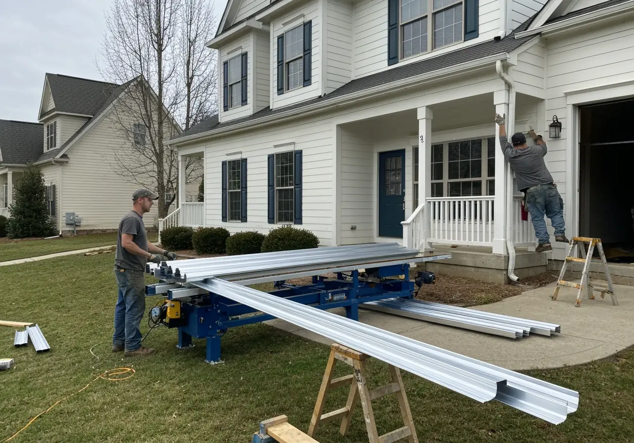Workers installing seamless aluminum gutters on a two-story Virginia home.