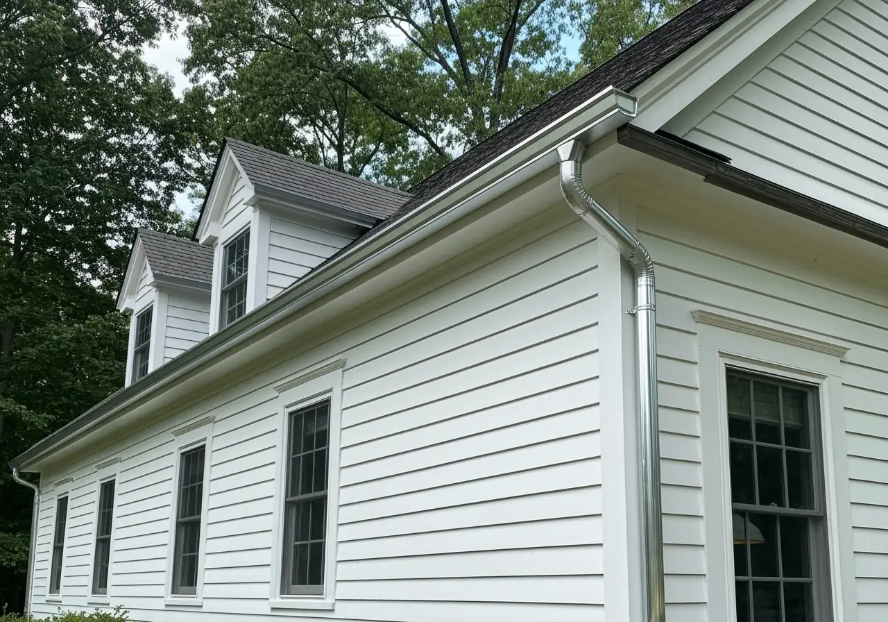 Seamless aluminum gutters installed on a white colonial home in Virginia.
