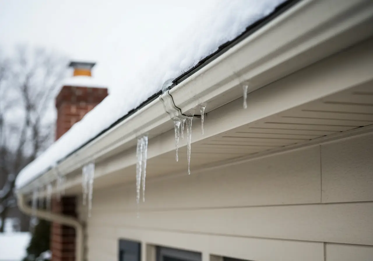 Ice-damaged sectional gutters separating at the joints in Virginia winter.