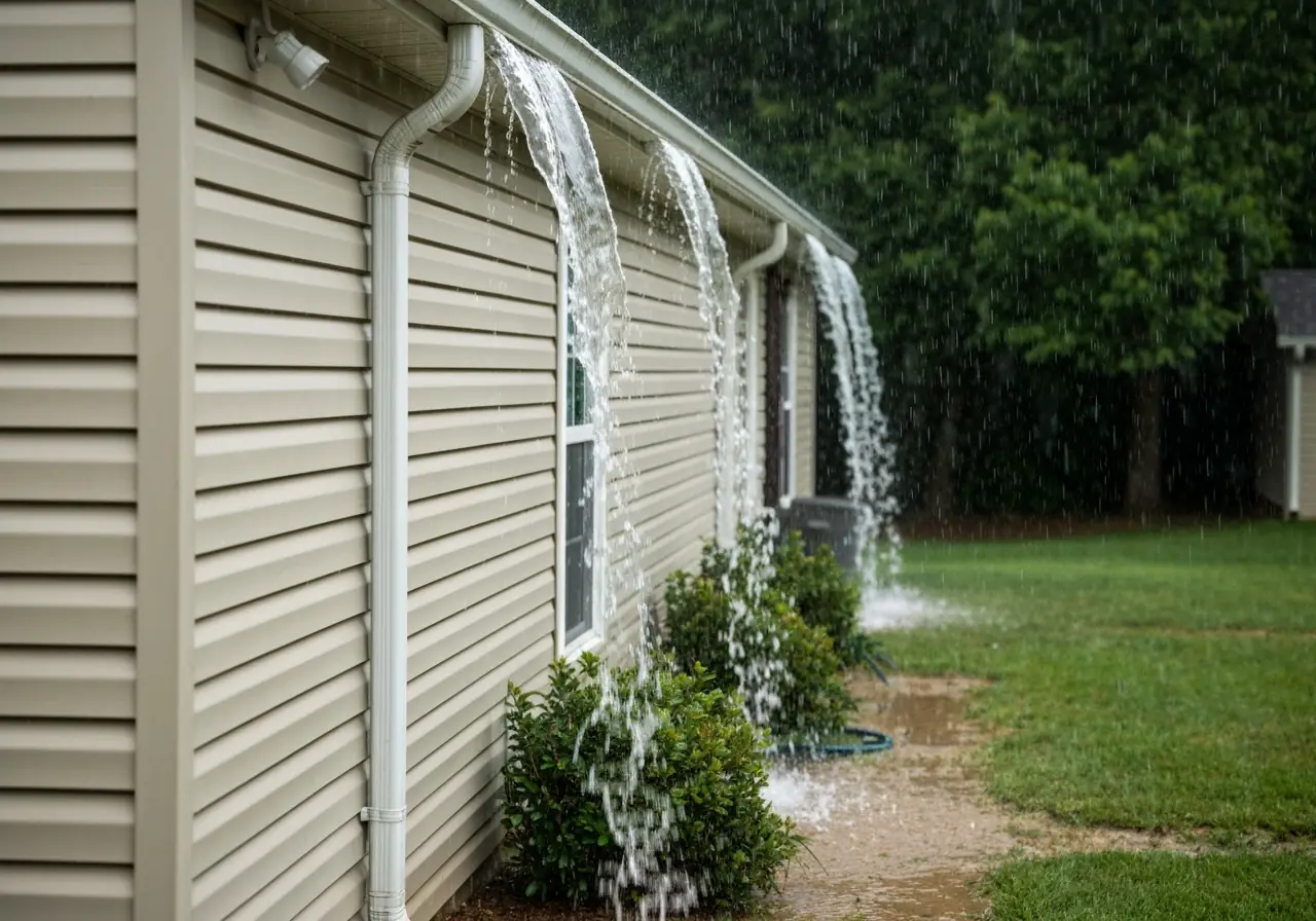 Sectional gutters overflowing at seams during a Virginia rainstorm.