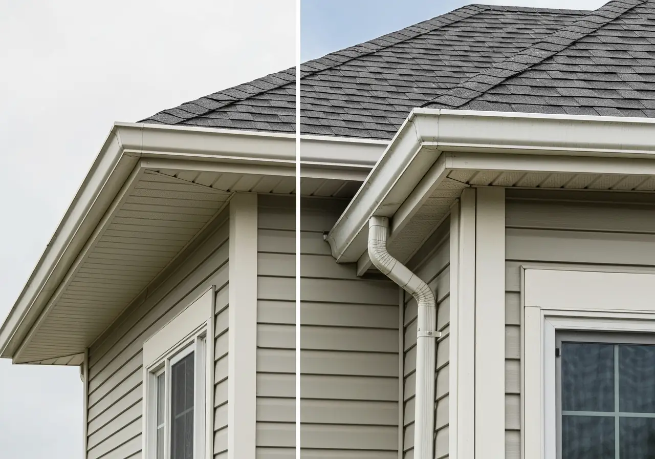 Side-by-side view of seamless vs sectional gutters on a Virginia home.