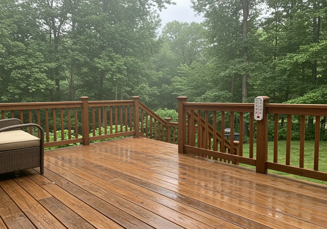 An ultra-realistic Virginia backyard deck on a humid summer morning with dew on wooden boards and a thermometer showing 90°F.