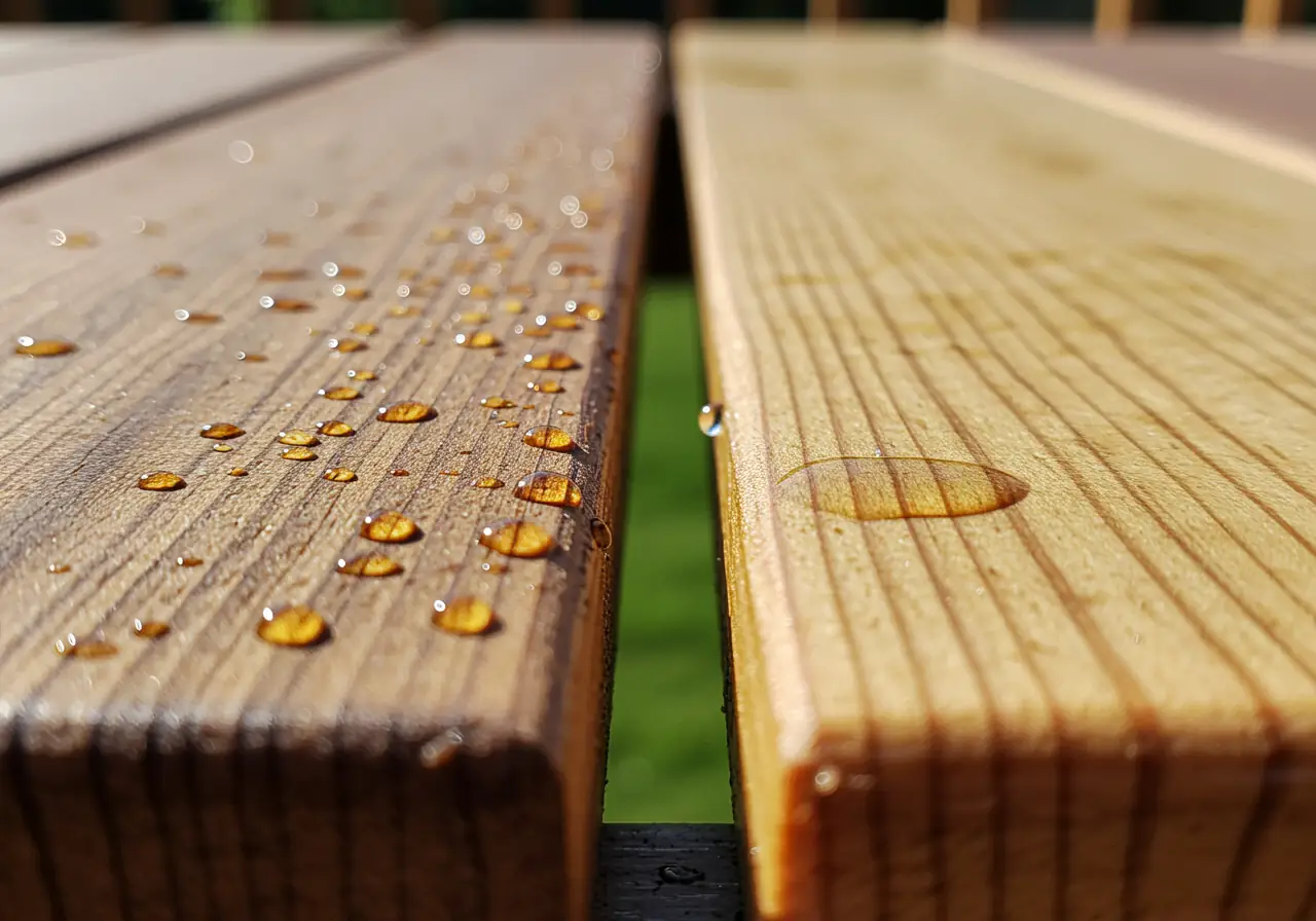 An ultra-realistic close-up comparing water beading on Ipe decking versus water absorption on untreated pine boards.