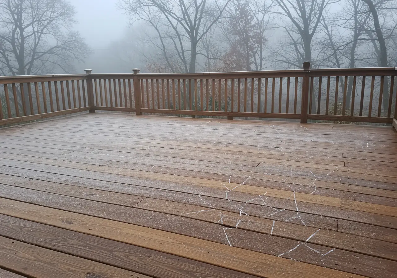 An ultra-realistic Virginia winter deck scene showing Ipe boards maintaining stability under frost beside cracked softwood boards.