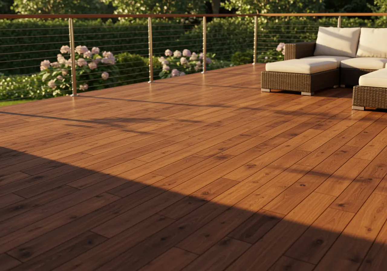 An ultra-realistic Ipe hardwood deck in a Virginia backyard with rich tones, stainless railings, and sunlight reflections.