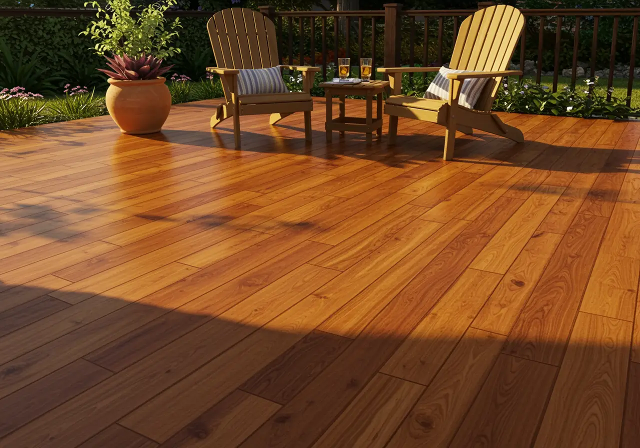 An ultra-realistic Cumaru deck with warm golden hues, natural grain, and outdoor seating in a Virginia backyard.
