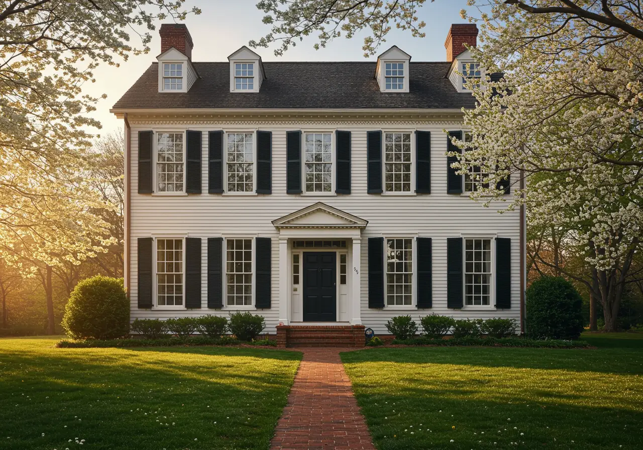 New Colonial-style Virginia home with white energy-efficient double-hung windows.