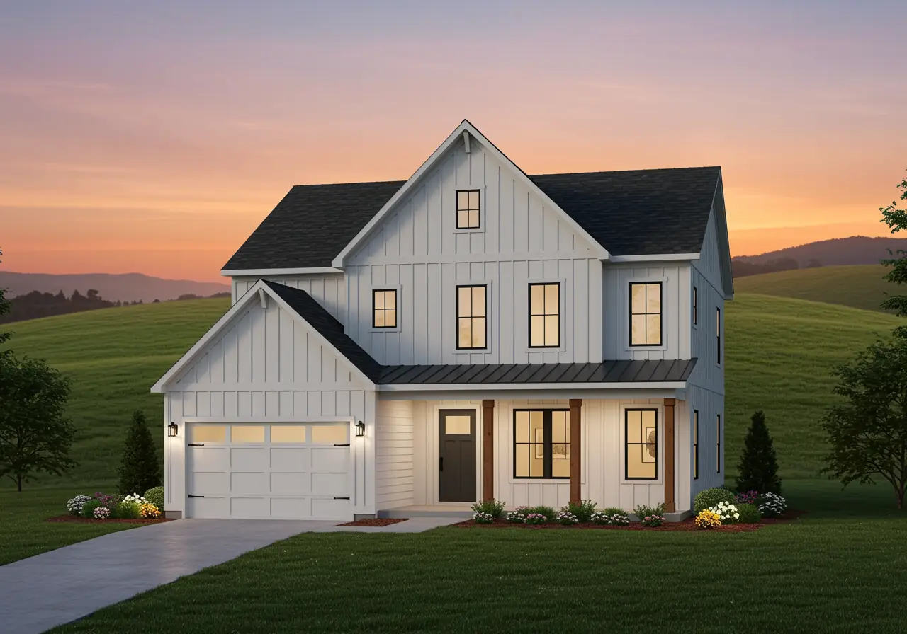 Modern farmhouse in Virginia with large black windows and gable roof.