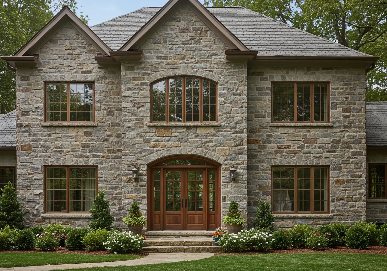 Stone home in Virginia with new arched fiberglass windows and detailed façade.