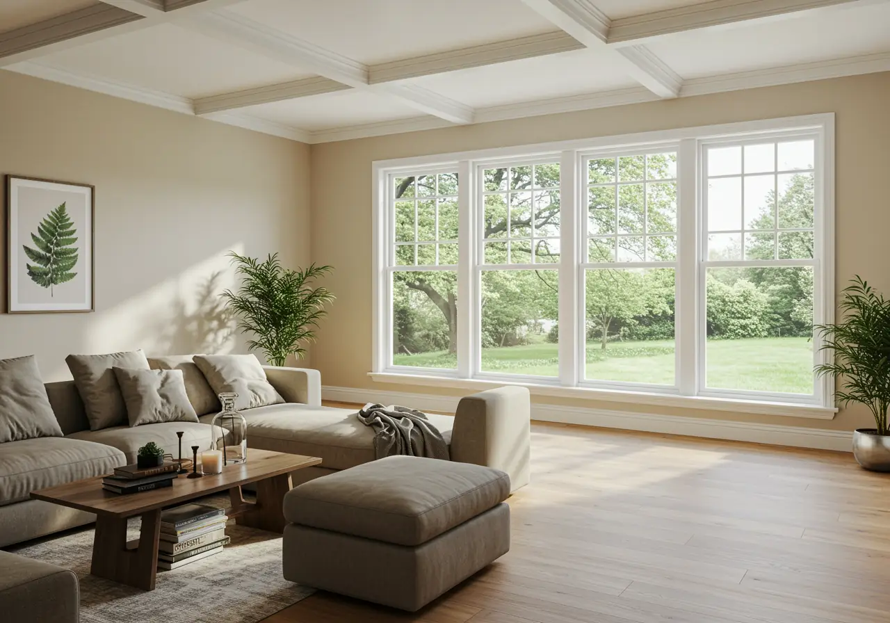 Bright Virginia living room with new white Low-E energy-efficient windows.