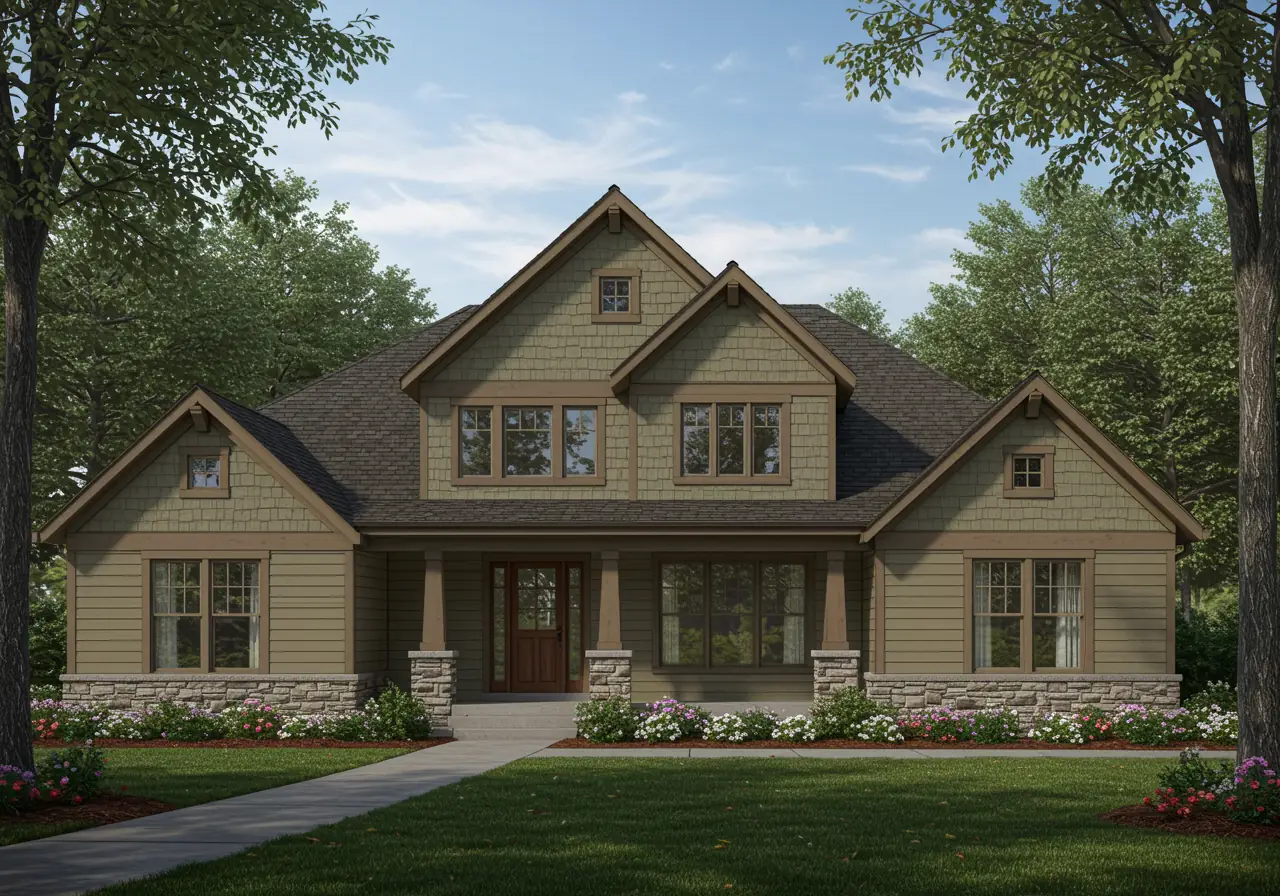 New Craftsman-style Virginia home with trapezoid and round specialty windows.