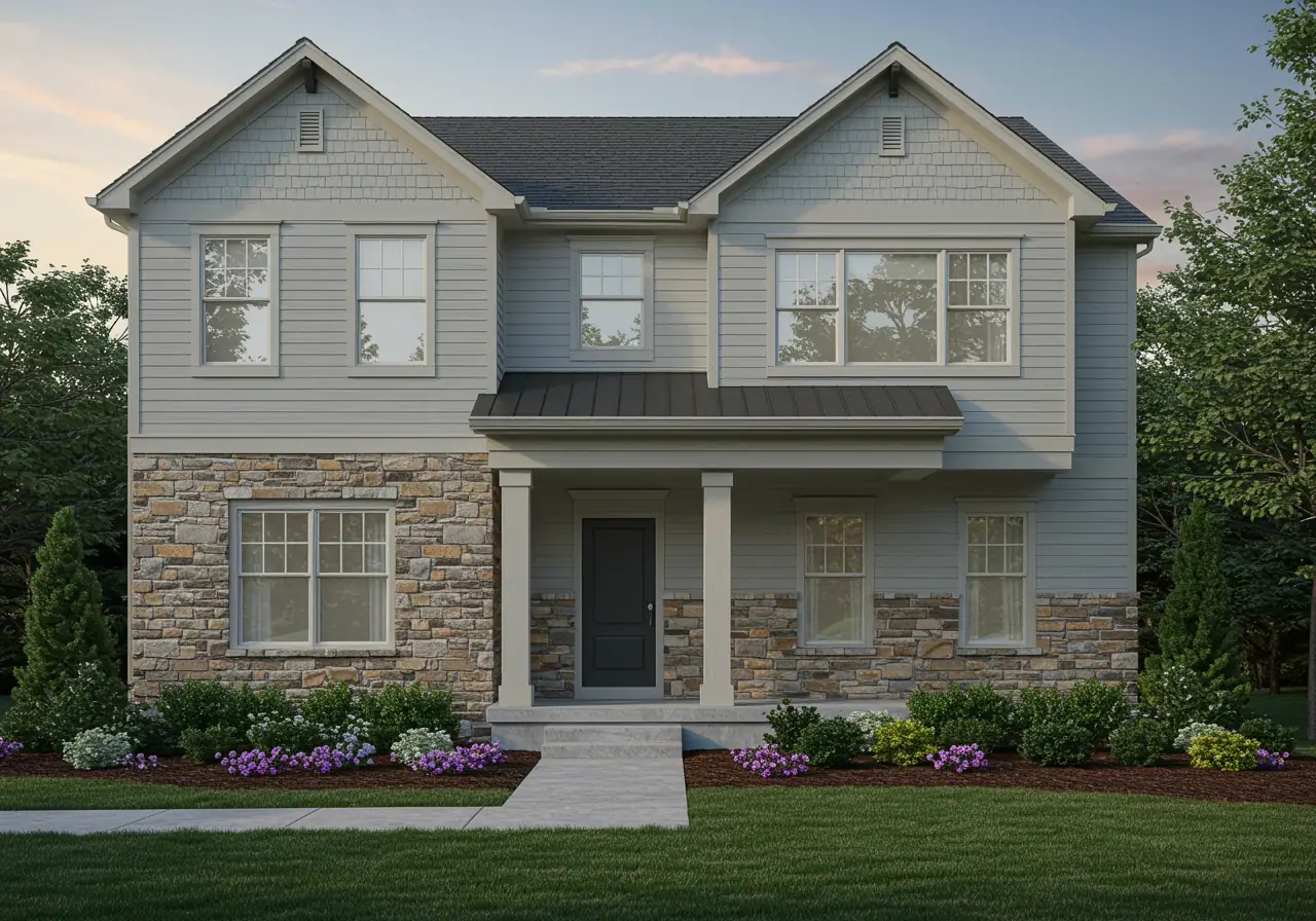 Gray craftsman house in Virginia with Low-E triple-pane windows.