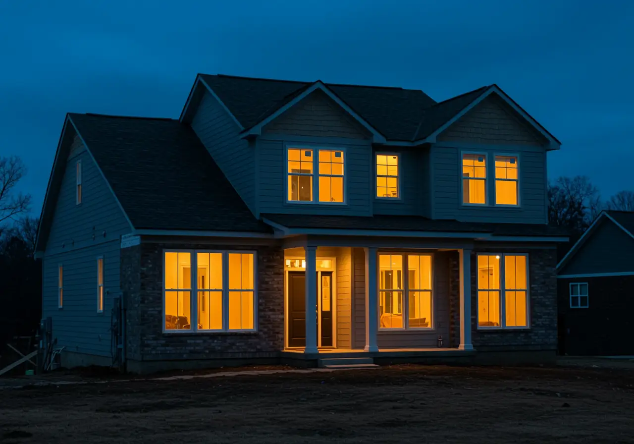 Virginia home at dusk showing Low-E double-pane windows retaining warmth.