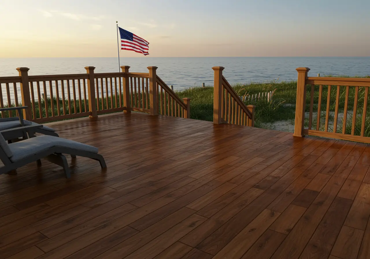 Cedar deck with semi-transparent oil stain in Chesapeake Bay, Virginia, showing UV-protected wood grain under warm sunlight.