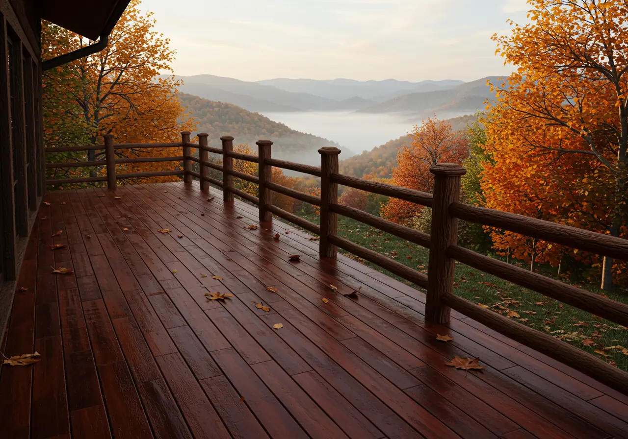 Redwood deck stained with semi-transparent finish overlooking Blue Ridge Mountains in Virginia.