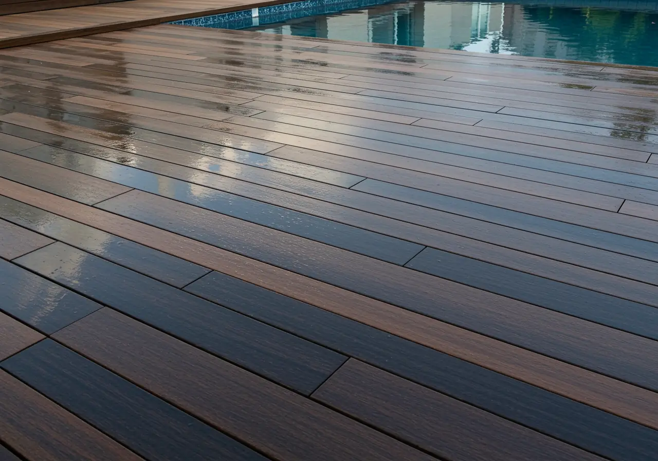 Modern deck with water-based anti-slip coating near pool after rain in Richmond, Virginia.