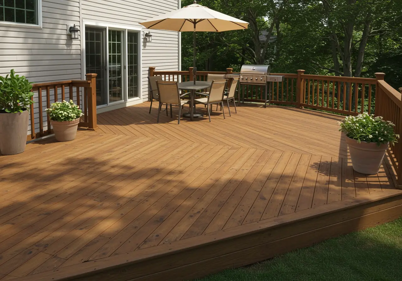 Hybrid-sealed backyard deck under bright sunlight in Fairfax, Virginia with furniture and potted plants.