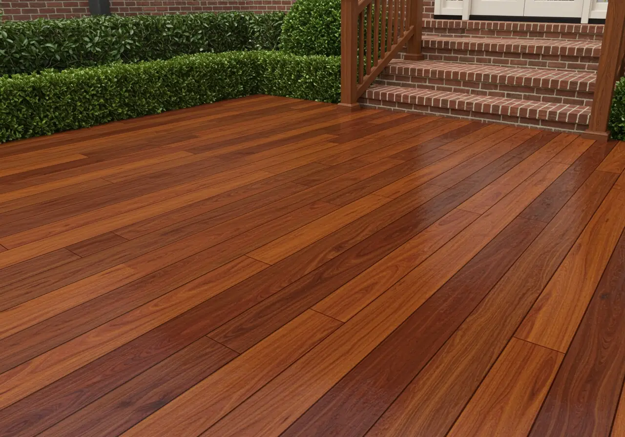Ipe hardwood deck finished with penetrating oil in luxury Virginia home backyard.