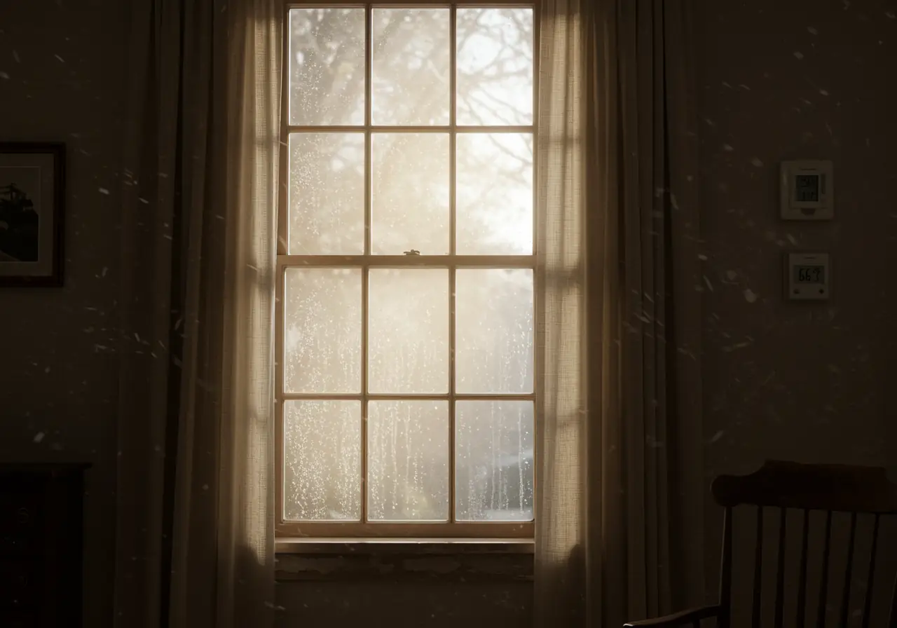 drafty single-pane wooden window in an old Virginia Colonial home showing condensation and heat loss