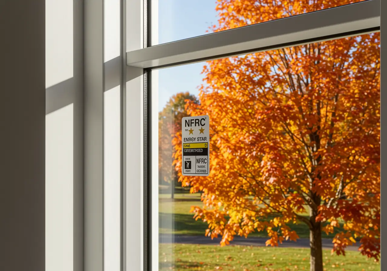 close-up of ENERGY STAR double-pane window installed in Virginia home with fall reflection