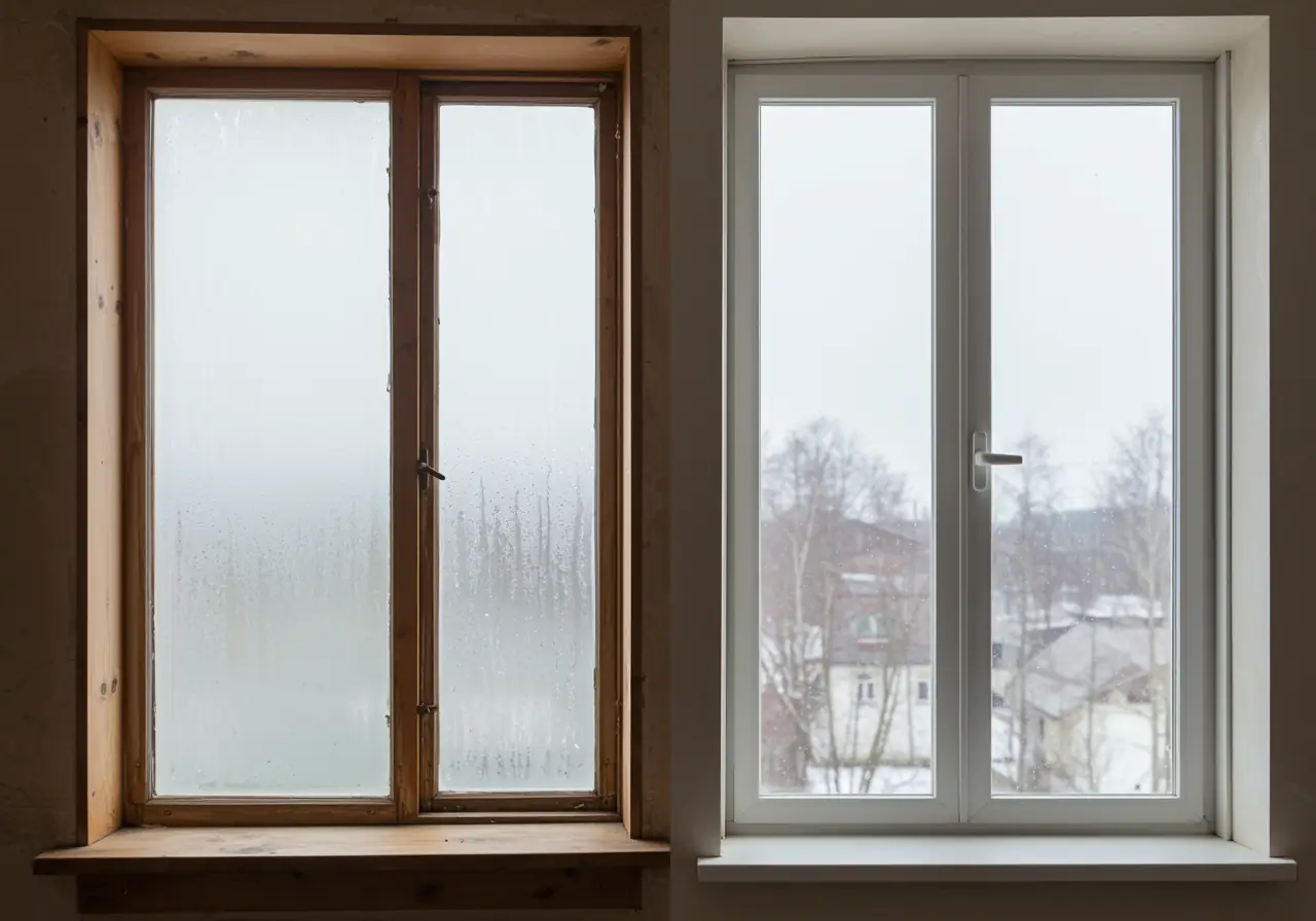 side-by-side comparison of single-pane and double-pane windows inside an older Virginia home
