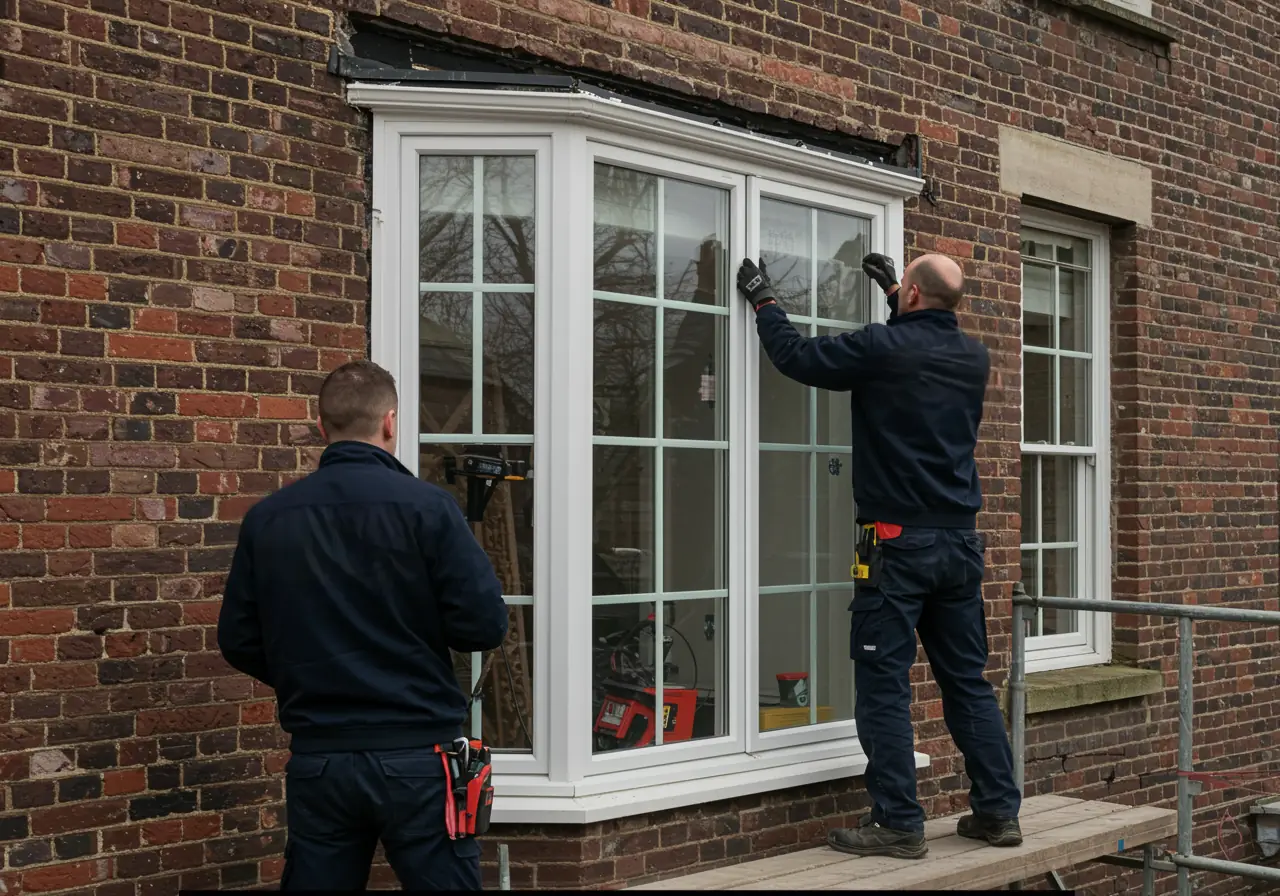contractors installing fiberglass window in historic brick home in Virginia