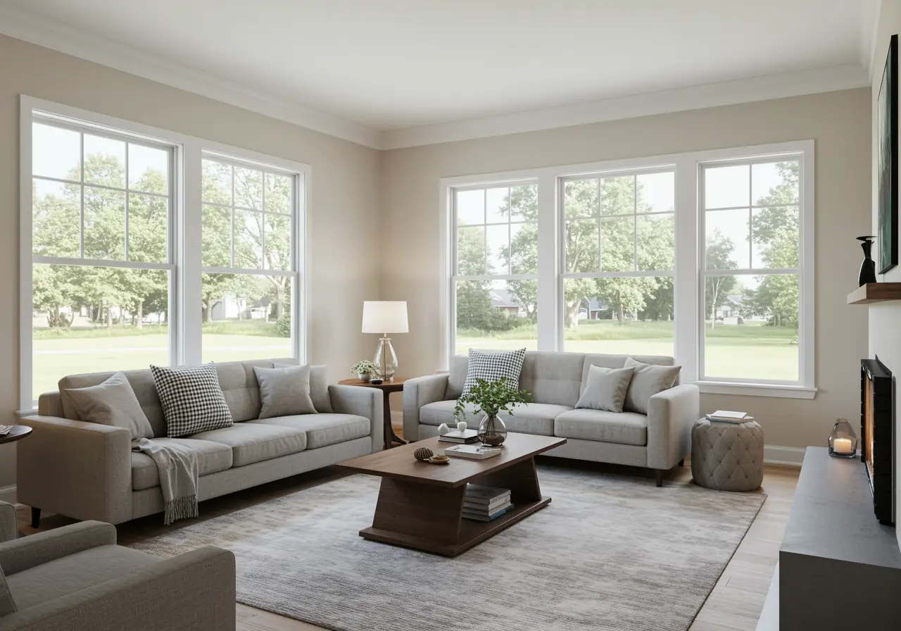 modern Virginia living room with Low-E double-pane windows and bright natural lighting