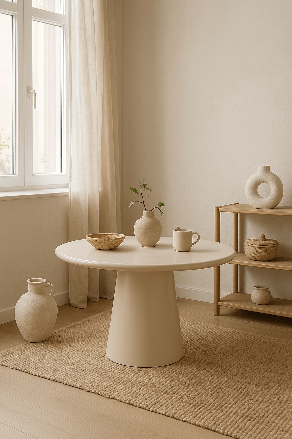 Minimal beige-toned room with a round table, ceramic vase, mug, and woven bowl, set on a textured rug near a window and wooden shelf with pottery.
