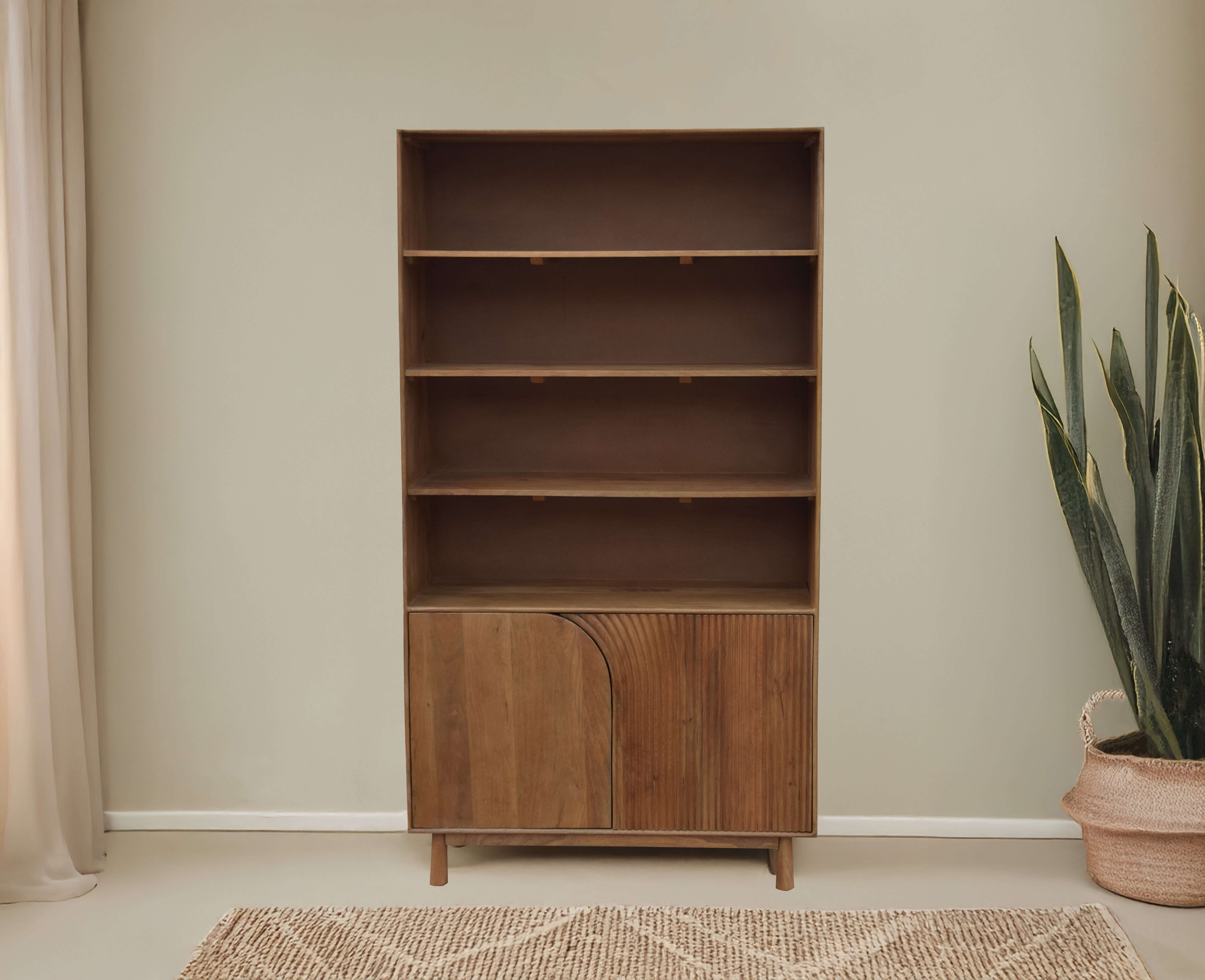Modern mango wood bookshelf with grooved detailing