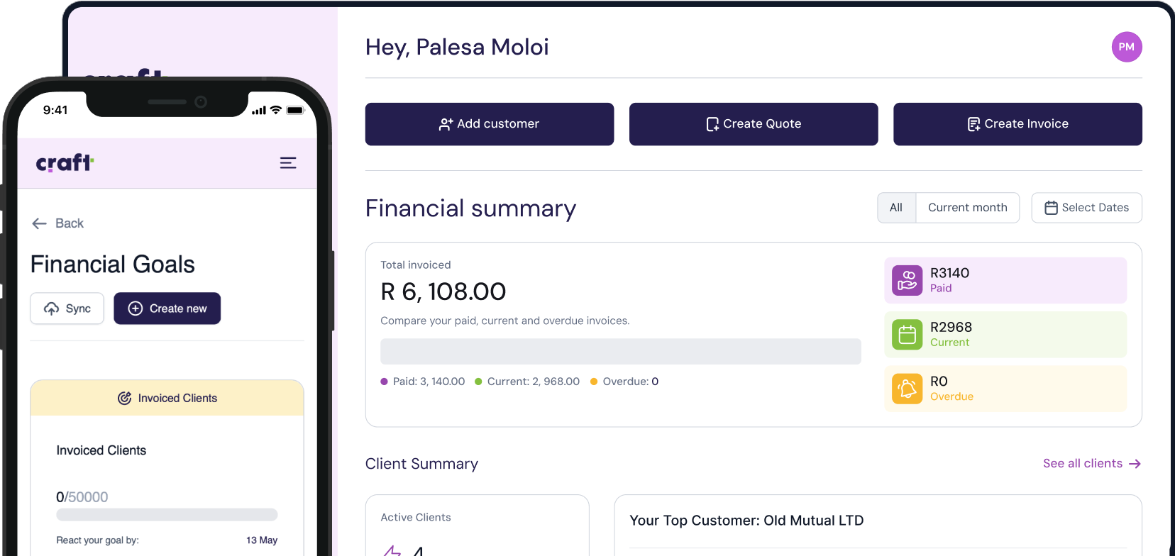 Craft financial management platform dashboard, illustrating a user's financial summary, the ability to generate quotes and invoices, and a mobile view for tracking financial goals.
