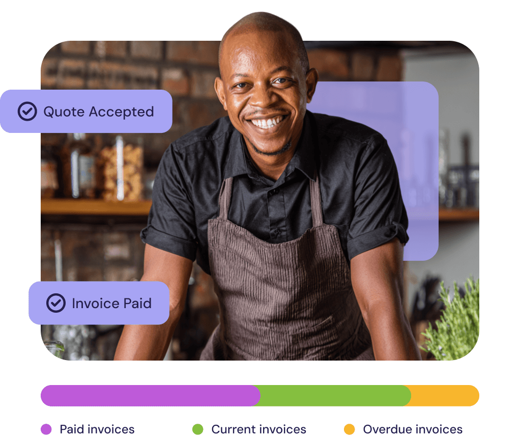 A successful freelance caterer, whose quote was accepted and invoice paid, smiles confidently. The visual representation of his finances, including paid, current, and overdue invoices, highlights the ease of managing his business with Craft.