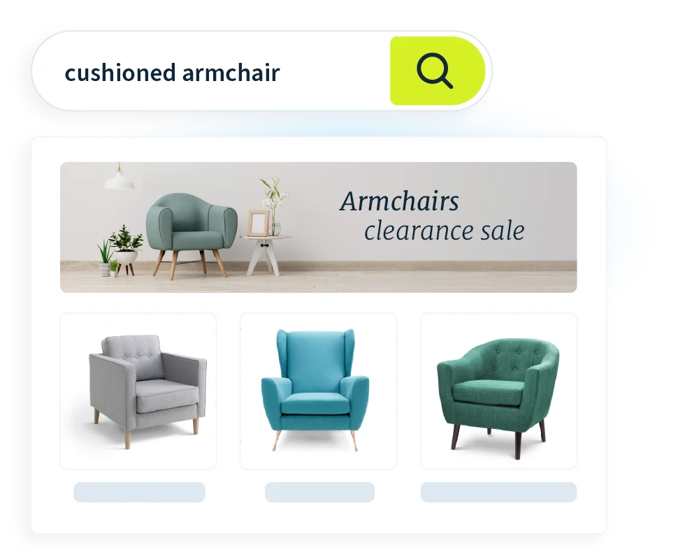 Search for "cushioned armchair" page displays a banner for Armchairs clearance sale