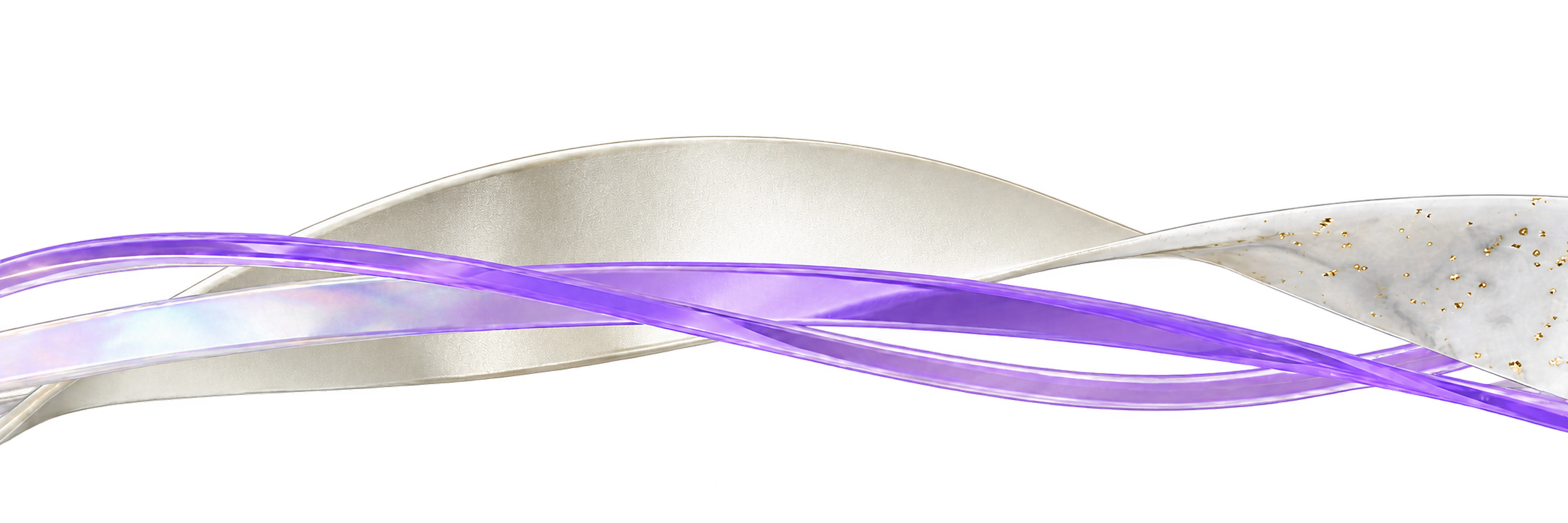 Curved, intertwined ribbons with a smooth and glossy texture in pale beige with gold flecks and translucent purple shades on a transparent background.