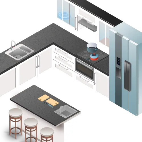 An illustration of a kitchen of a residential property showing cupboards and sink