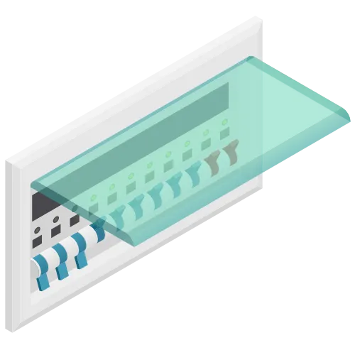 An illustration of a domestic fuse box with the lid open and exposed trip switches