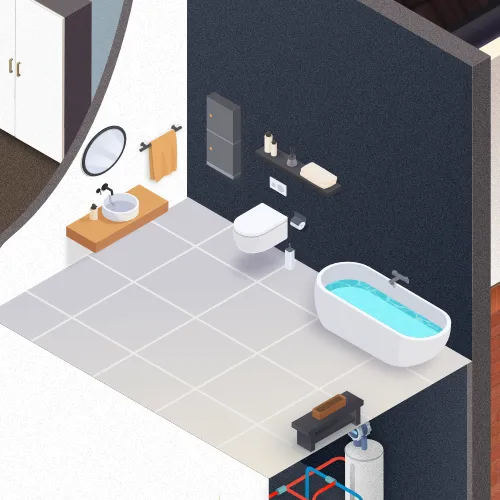 Illustration showing a domestic bathroom showing WC, bath and sink