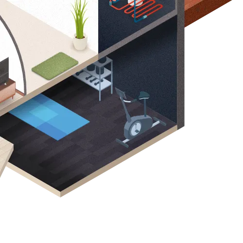 An illustration depicting a basement of a house showing gym equipment