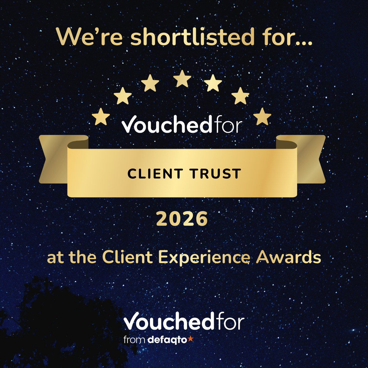 VouchedFor graphic showing shortlisted in the Client Trust category at their Client Experience Awards 2026