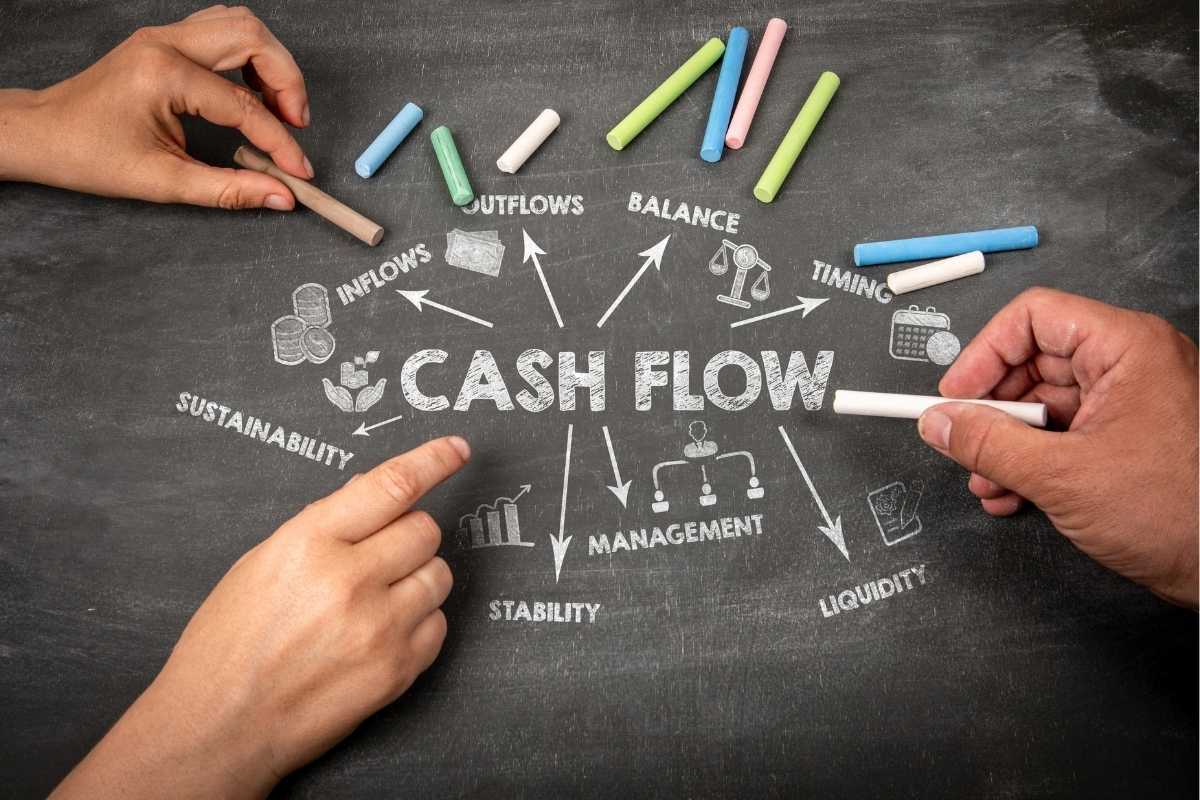 A chalkboard showing the word Cashflow, with 3 hands, several chalks, and reminders of all of the different elements that go into cahsflow modelling