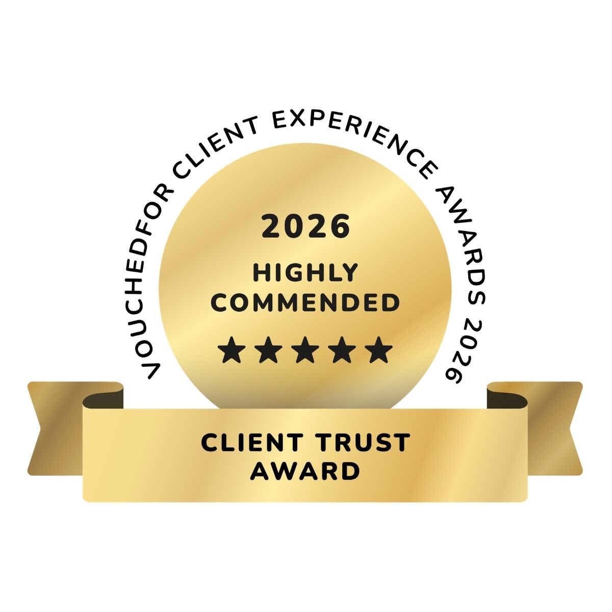 VouchedFor graphic showing highly commended in the Client Trust category at their Client Experience Awards 2026
